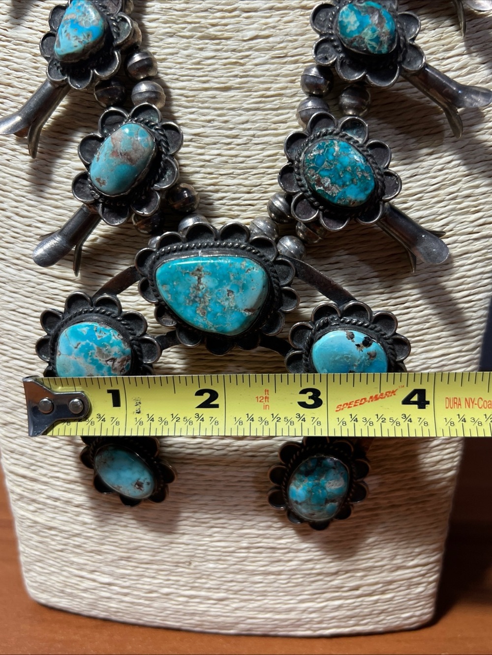 Vintage 60s Navajo Bisbee Turquoise .925 Silver Squash Blossom 24”Necklace 220g - Picture 13 of 14